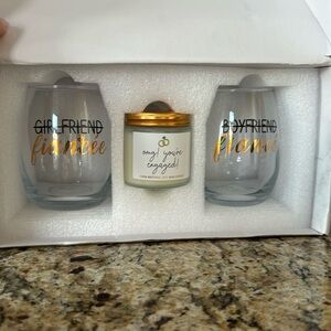 Boyfriend to fiance & girlfriend to fiancé wine glasses + candle - NWOT